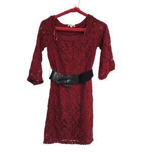 Rachael & Chloe Red Lace Bell Sleeve Sheath Dress Belted Size S